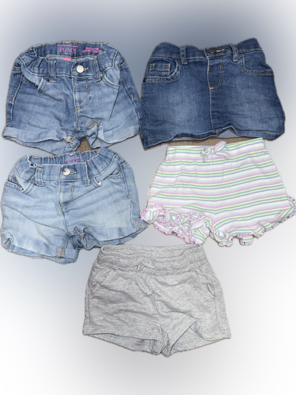 The Children's Place Girls Denim, Gray & Pastel Striped Shorts Set